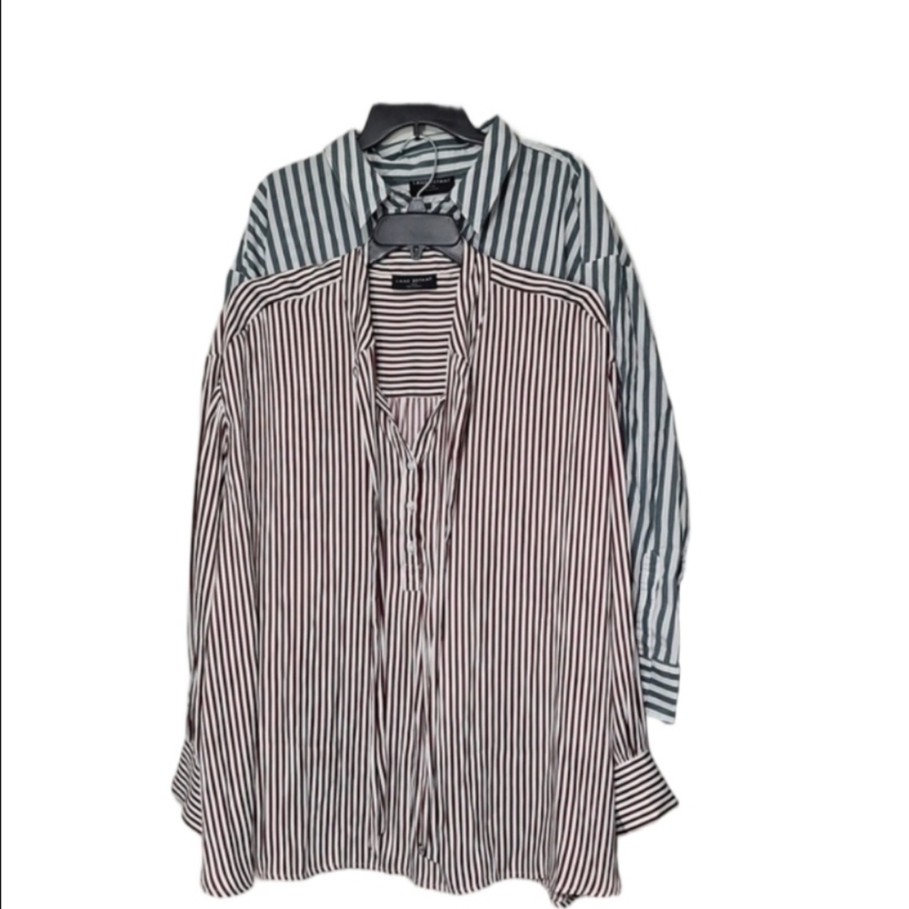 Lane Bryant Green Burgundy White Striped Button Down Shirts Set Womens